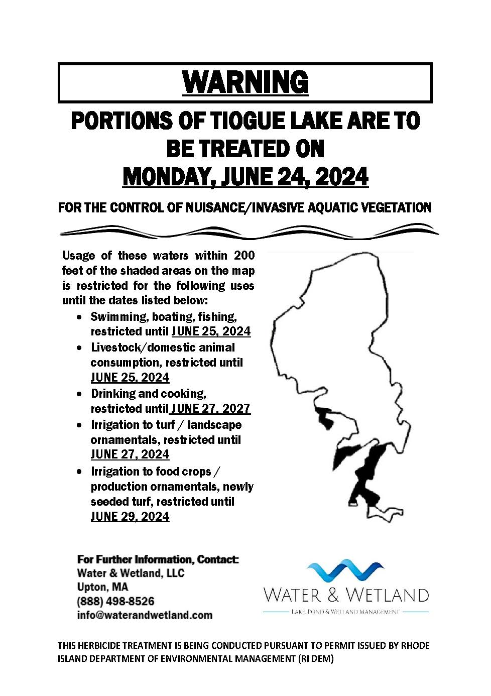 WARNING Portions of Tiogue Lake are to be treated on Monday, June 24